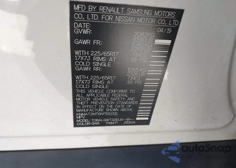 2019 Nissan Rogue Sv z USA, uszkodzony, nr VIN KNMAT2MT6KP551331